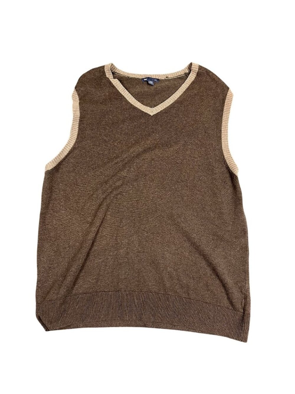 Gap Brown Sleeveless V-Neck Sweater Vest Beige Trim Knit Pullover